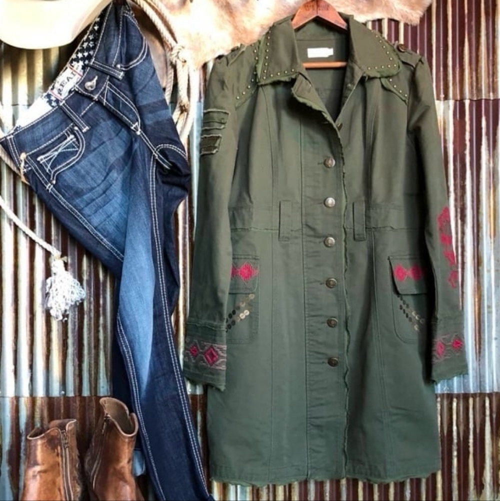 NWOT Tasha Polizzi Hamilton Embroidered Studded Green Military Jacket Duster L